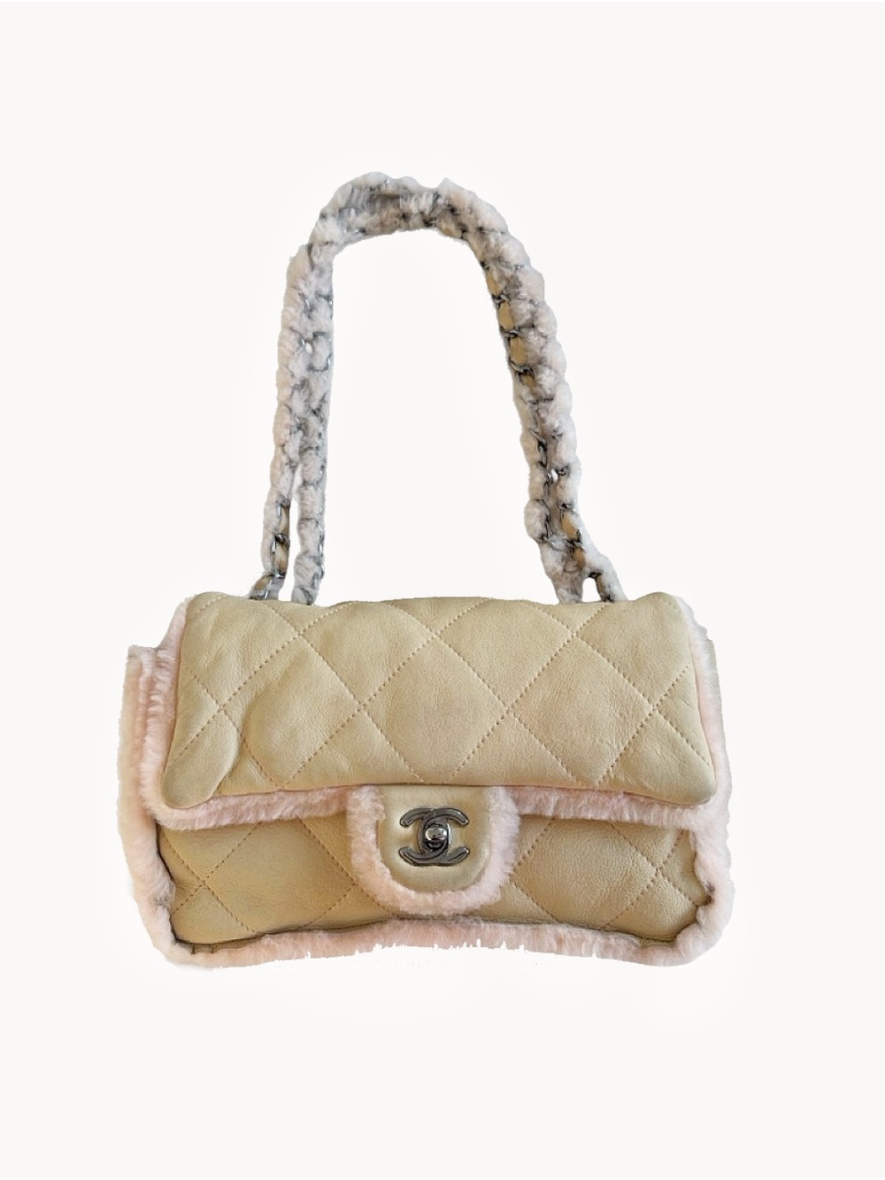 Chanel RARE pink and beige Quilted Shearling-Trim Shoulder Bag